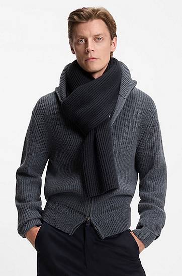 Šál BOSS BECKHAM x BOSS ribbed knit virgin wool and cashmere scarf Čierna | 50552883, 1