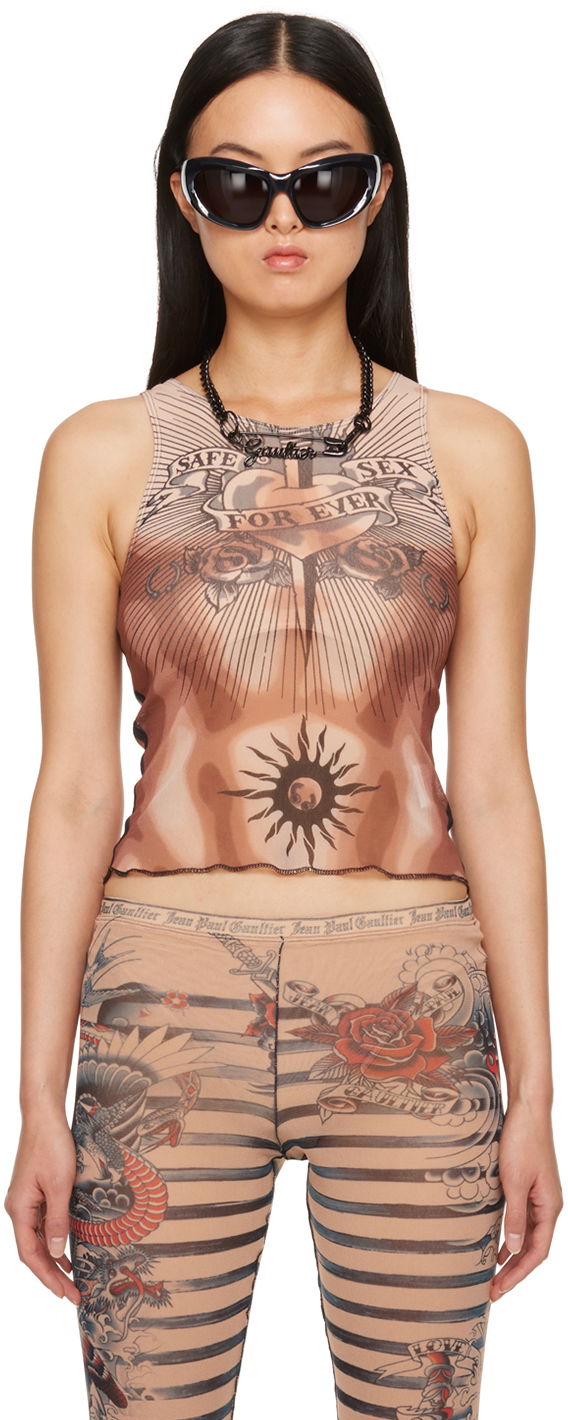 Tielko Jean Paul Gaultier Jean Paul Gaultier Safe Sex Forever Tattoo Mesh Tank Top Hnedá | 23/15-F-DB014-T538-636000, 0