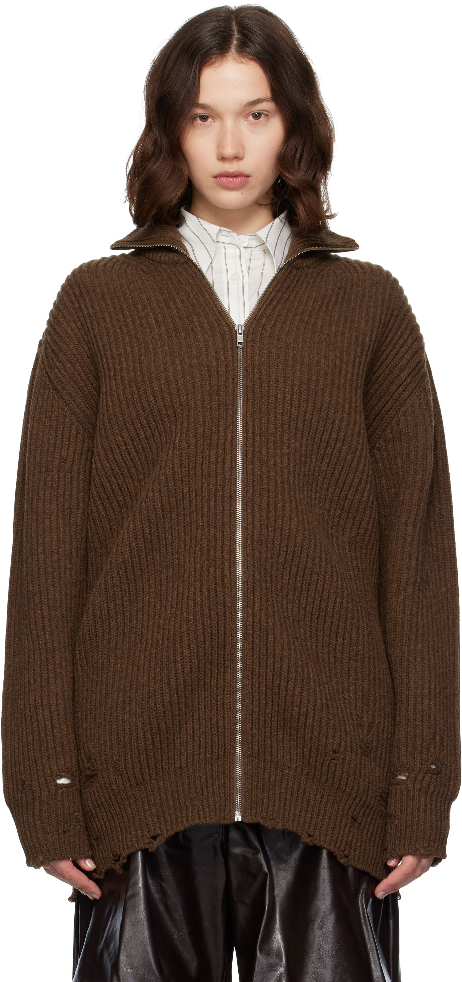 Sveter Maison Margiela MM6 Maison Margiela Ribbed Knit Zip-Up Sweater Hnedá | S52AM0322 M13138, 0