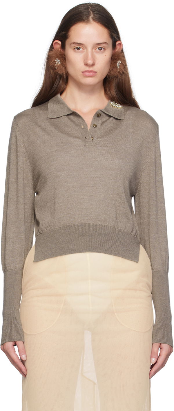 Polo tričko Simone Rocha Simone Rocha Merino Silk Knit Long Sleeve Polo Hnedá | KMK4B 0647, 0