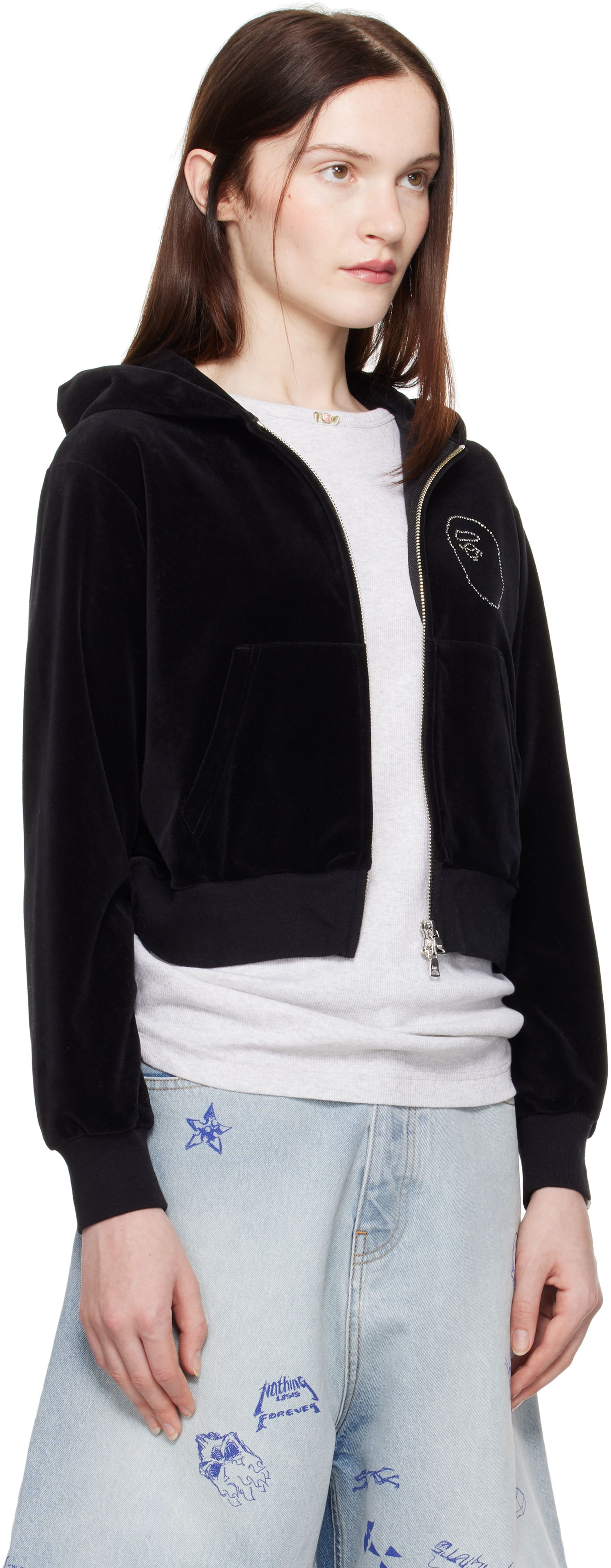 Mikina BAPE A Bathing Ape Crystal Stone Ape Head Velour Cropped Hoodie Čierna | 001ZPK802004L, 1
