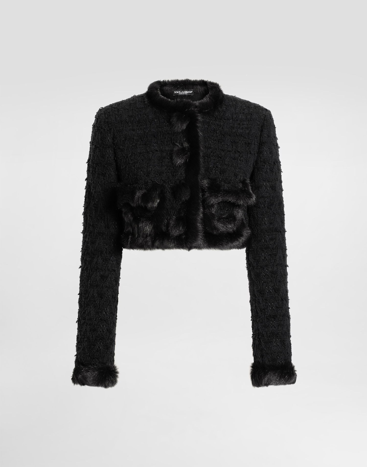 Bunda Dolce & Gabbana Dolce & Gabbana Single-Breasted Cropped Bouclé Jacket with Fur Trim Čierna | F27HWZFUTBIN0000, 0