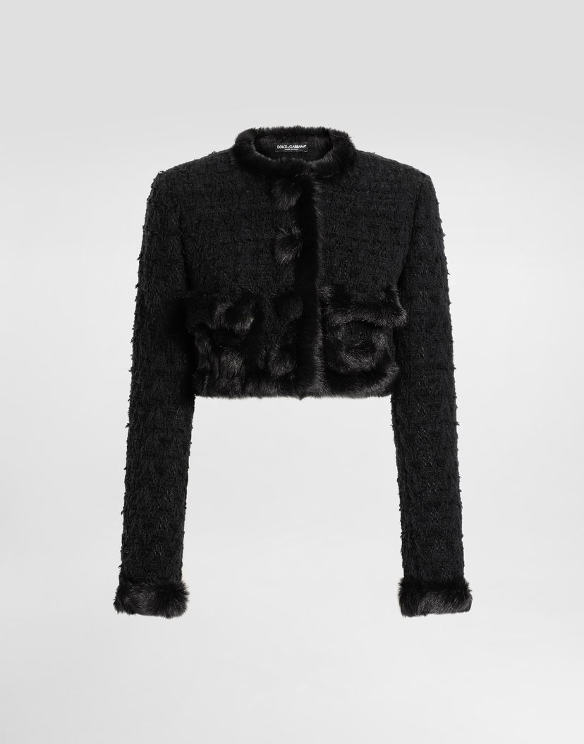 Bunda Dolce & Gabbana Dolce & Gabbana Single-Breasted Cropped Bouclé Jacket with Fur Trim Čierna | F27HWZFUTBIN0000