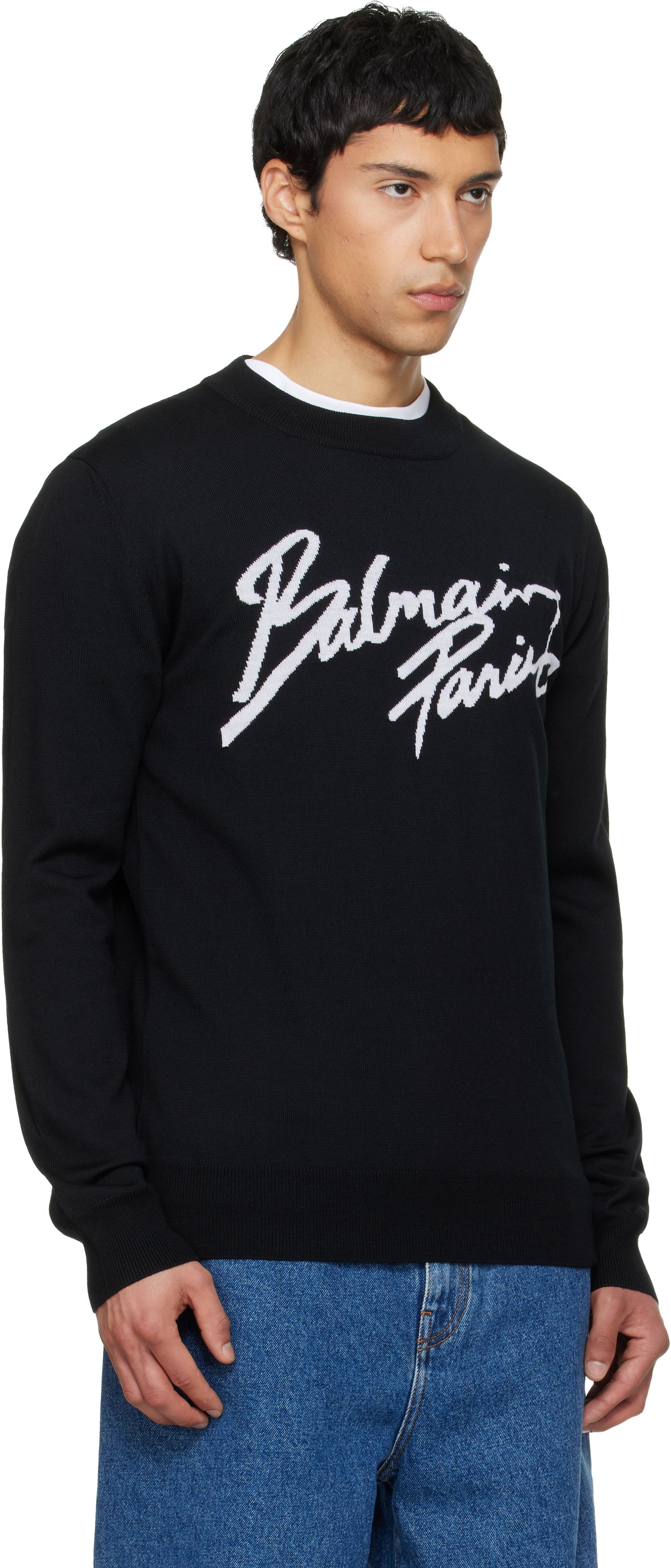 Sveter Balmain Merino Wool Crewneck Sweater with Cursive Paris Logo Čierna | GH1KD000KJ61, 1
