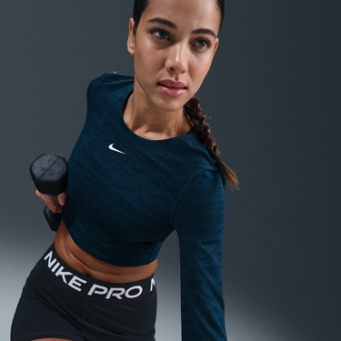 Crop Top Nike Pro Dri-FIT Jacquard Long Sleeve Cropped Top Modrá | HJ4281-478, 4