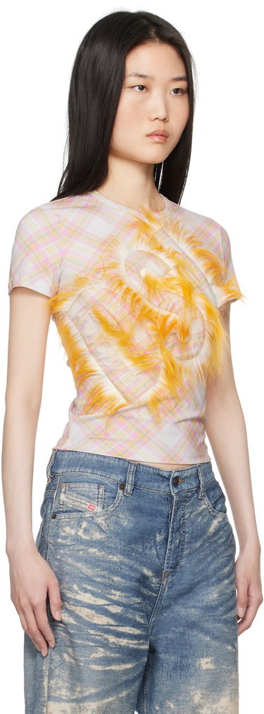 Crop Top Diesel Plaid Cropped T-Shirt with Yellow Faux Fur Detail Biela | A16538 0AMDX, 1