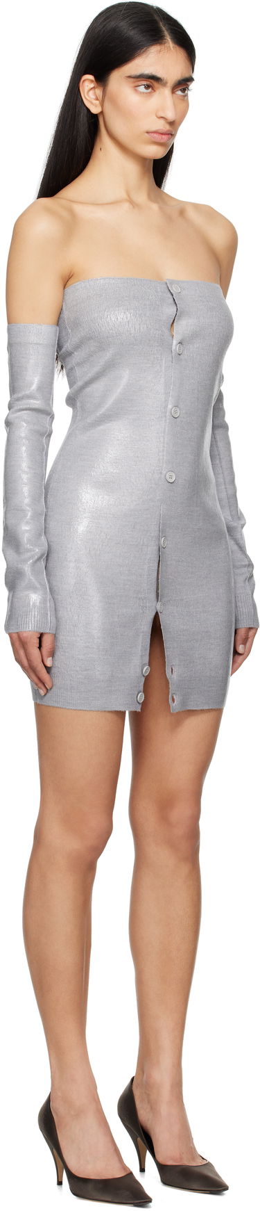 Šaty Maison Margiela MM6 Maison Margiela Plastified Knit Off-Shoulder Minidress Šedá | S62DA0042 M13120, 1