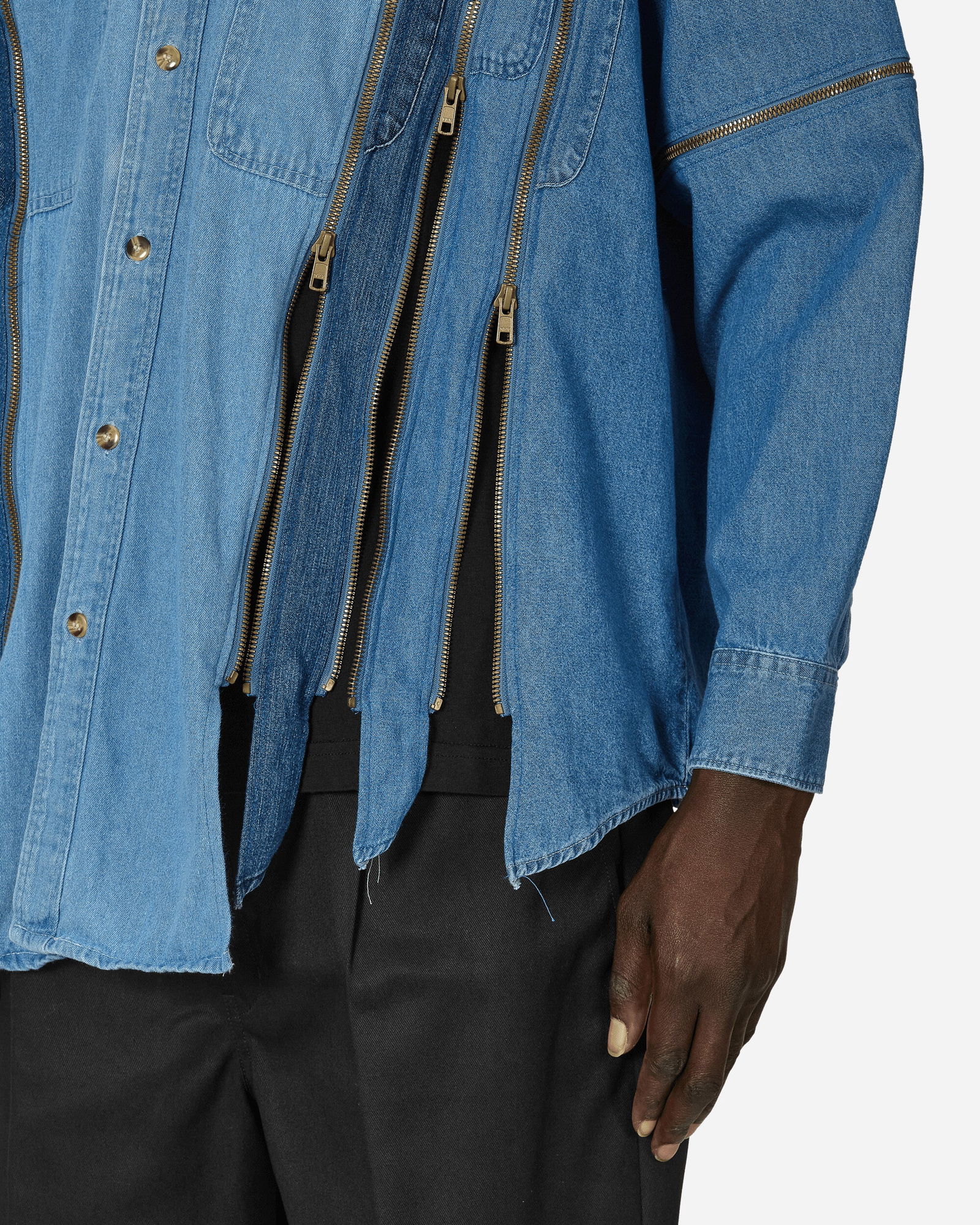 7 Cuts Zipped Wide Denim Shirt Blue