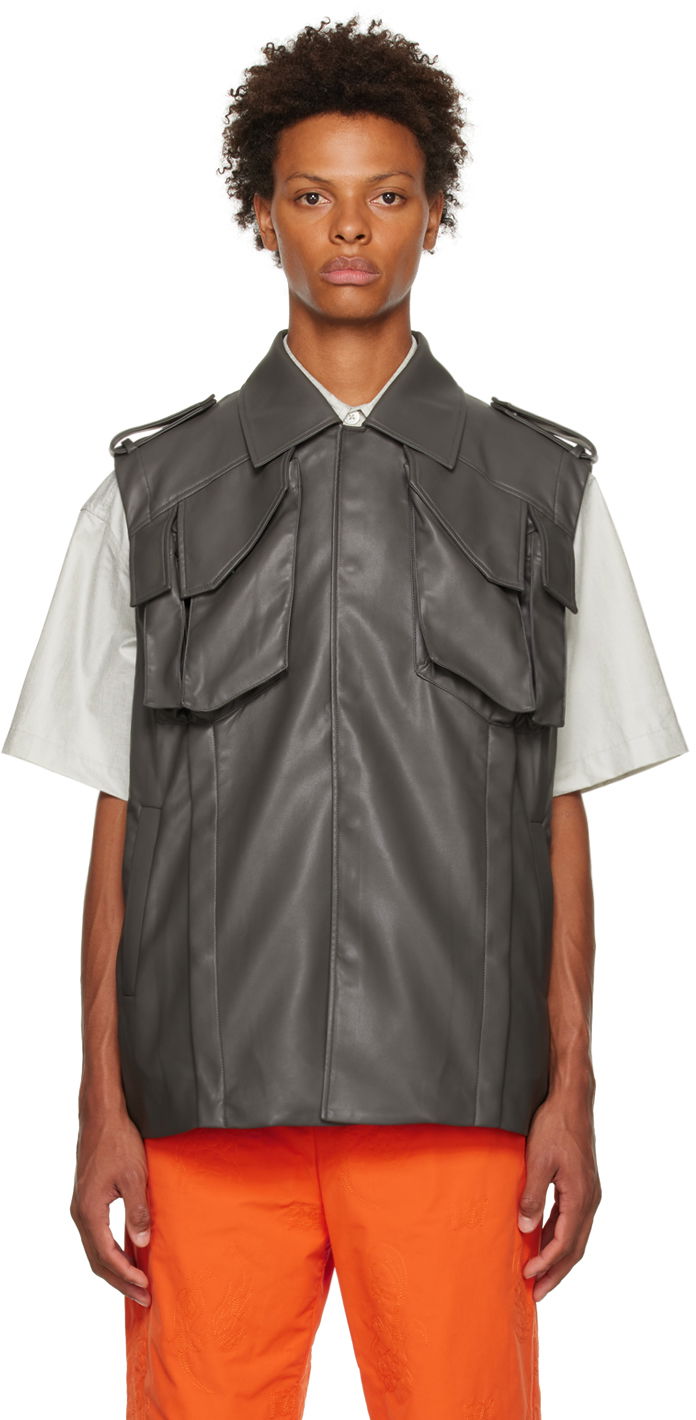 Vesta Feng Chen Wang Feng Chen Wang Vented Faux-Leather Vest Šedá | FMF14VS04, 0