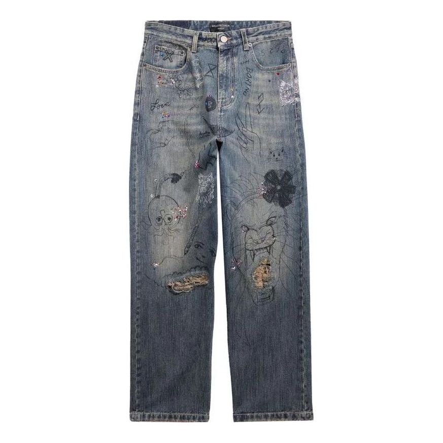 Džínsy Balenciaga Balenciaga Doodle-Print Straight Denim Pants Modrá | 746986TOW664036, 0