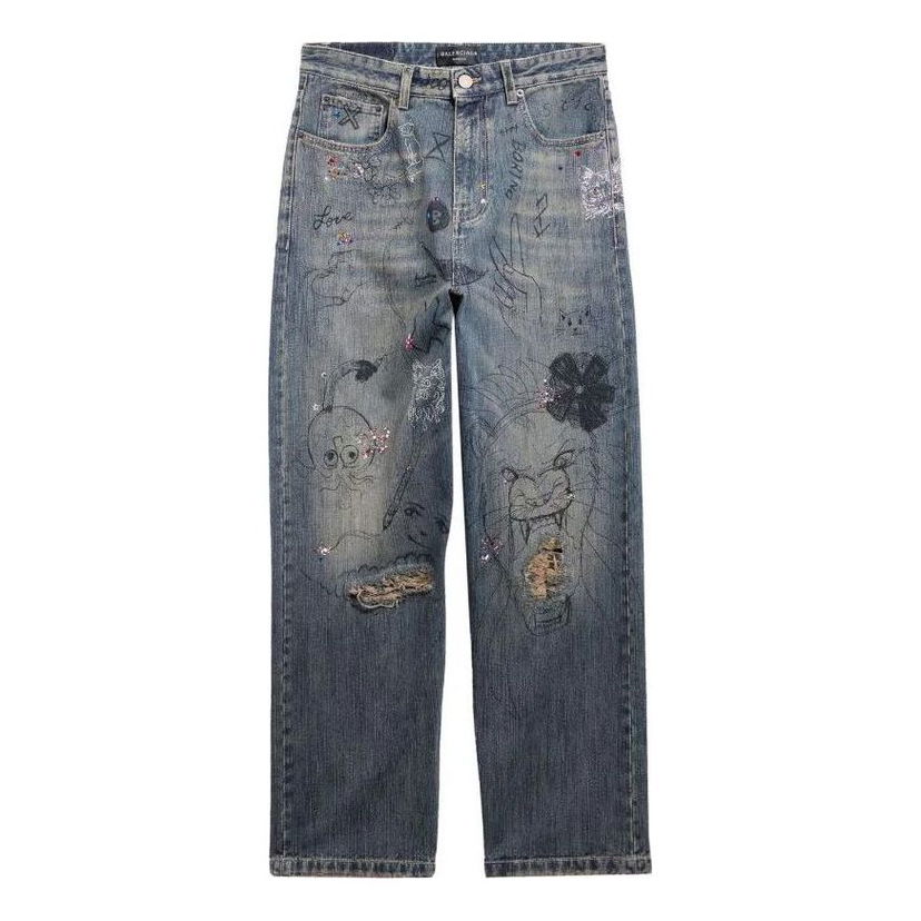 Džínsy Balenciaga Balenciaga Doodle-Print Straight Denim Pants Modrá | 746986TOW664036