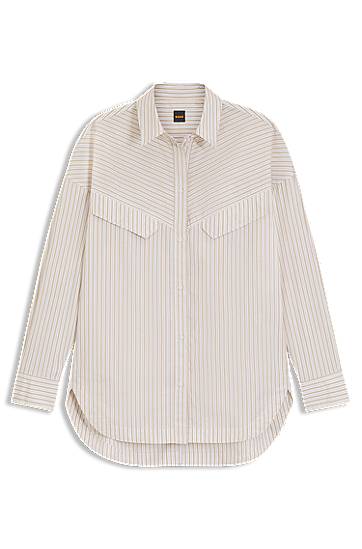 Košeľa BOSS Oversized Striped Cotton Blouse Béžová | 50543554