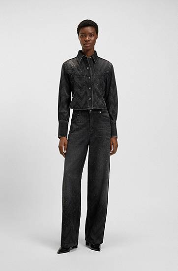 Bunda BOSS Cropped regular-fit crystal-embellished chevron denim jacket Čierna | 50548445, 1