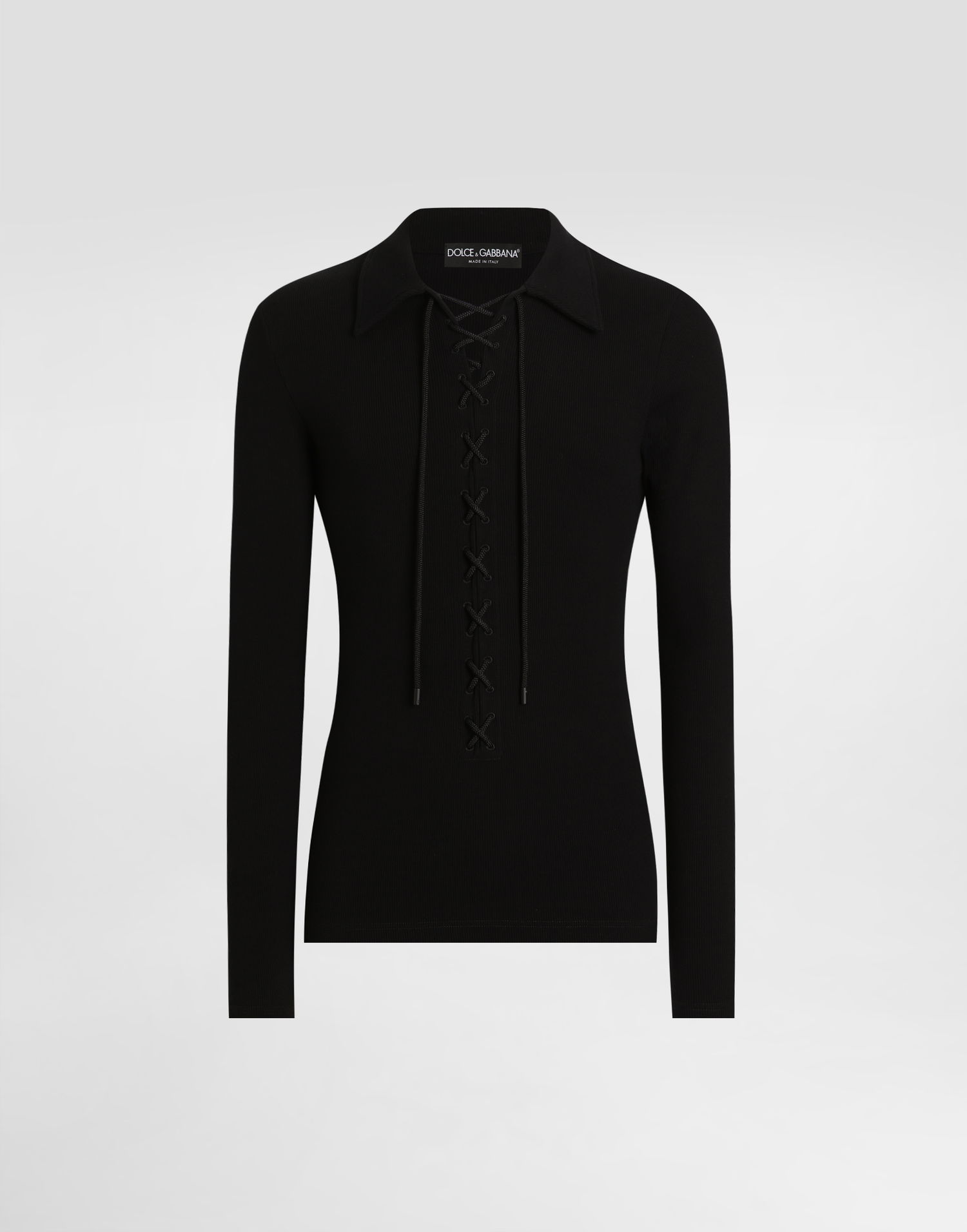 Polo tričko Dolce & Gabbana Dolce & Gabbana Long-Sleeved Interlock Jersey Polo Shirt with Laces Čierna | G8SR3TFUGFJN0000, 0