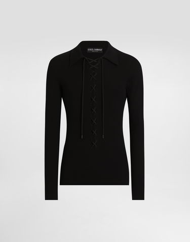 Polo tričko Dolce & Gabbana Dolce & Gabbana Long-Sleeved Interlock Jersey Polo Shirt with Laces Čierna | G8SR3TFUGFJN0000, 0