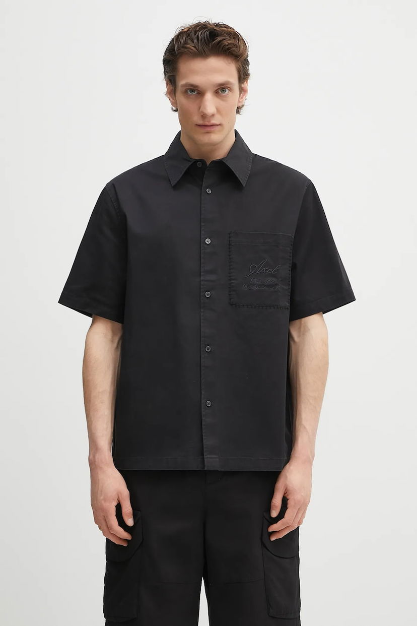 Košeľa AXEL ARIGATO Stitch Embroidered Relaxed Fit Short-Sleeve Shirt with Classic Collar Čierna | A3050001