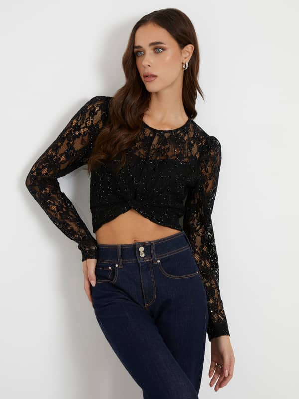 Crop Top GUESS Lace Crop Top Čierna | W4RH40WFQB0, 0