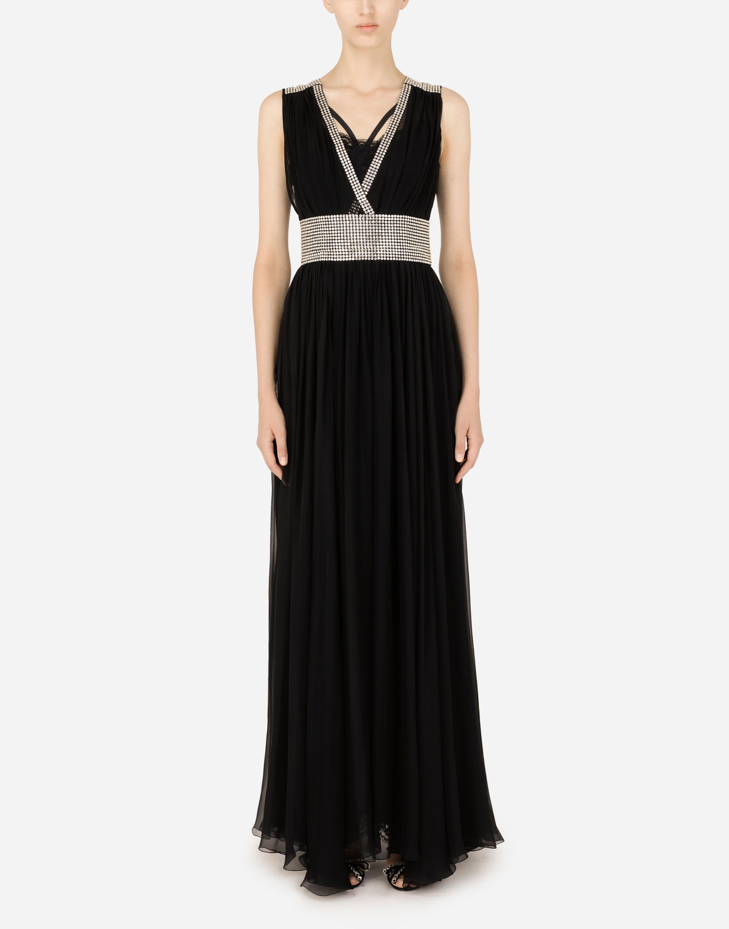 Šaty Dolce & Gabbana Dolce & Gabbana Long Chiffon Dress with Rhinestone Detailing Čierna | F6ZO1ZGD32TN0000, 1