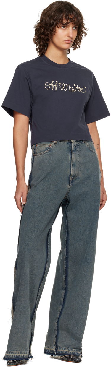 Crop Top Off-White Embroidered Script Logo Crop T-shirt Navy | OWAA090F25JER0034C19, 3