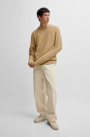 Sveter BOSS HUGO Ribbed Cotton Sweater with Logo Badge Béžová | 50518744, 1