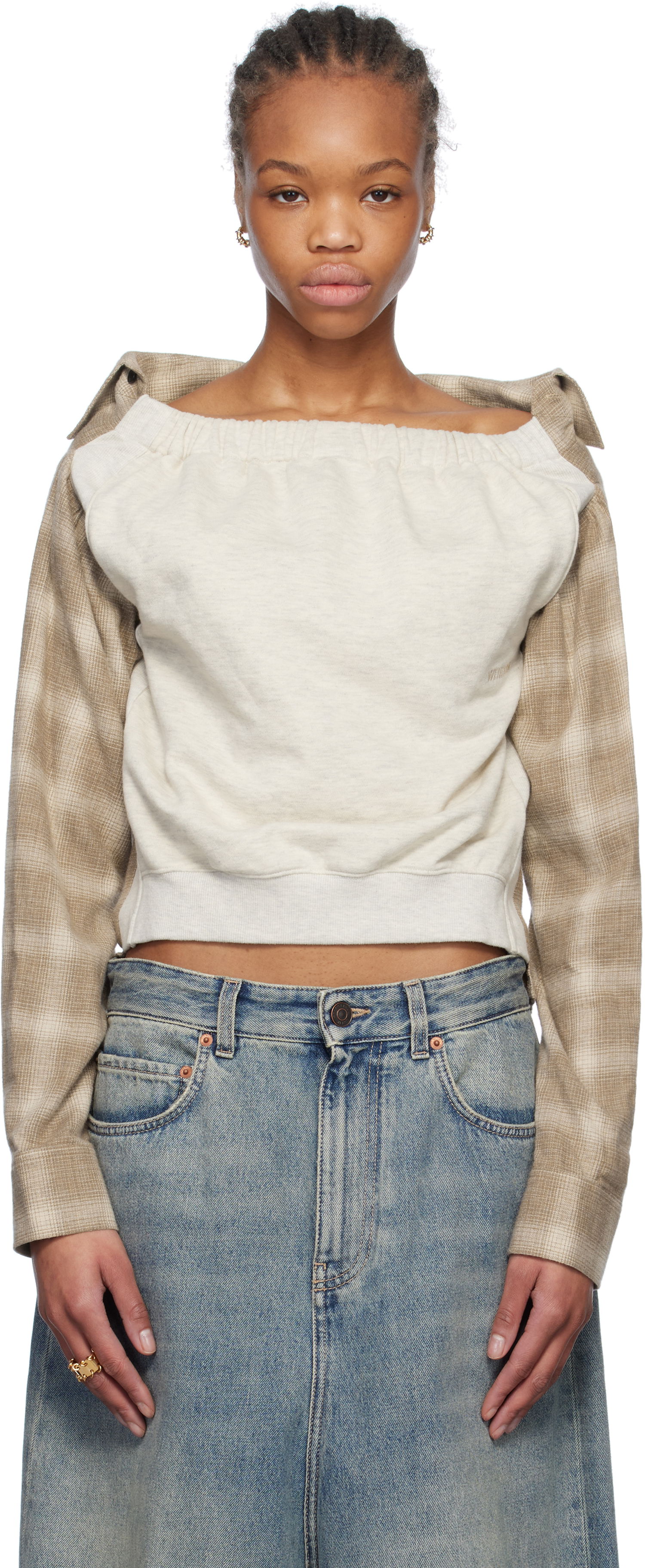 Sveter We11done We11done Check Panel Off-Shoulder Sweatshirt Béžová | WD-BL0-25-153-W-BG, 0