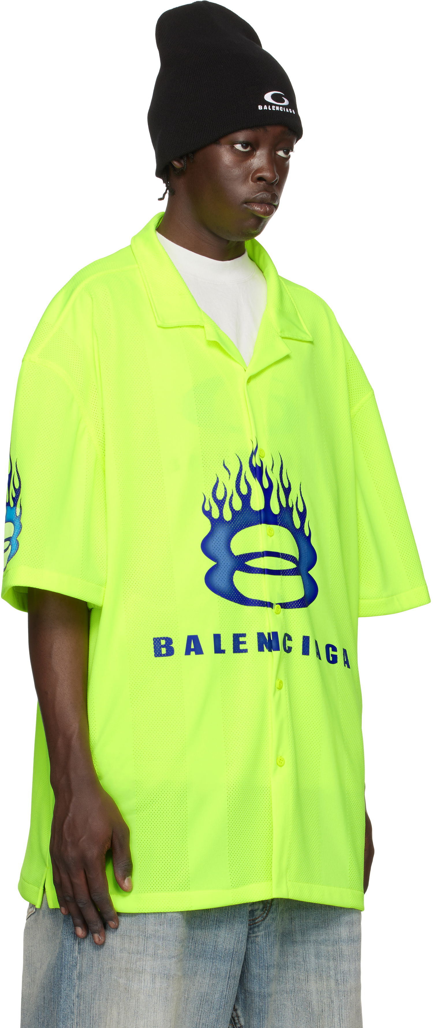 Košeľa Balenciaga Balenciaga Mesh Flames Bowling Shirt Zelené | 795133TQV387204, 1