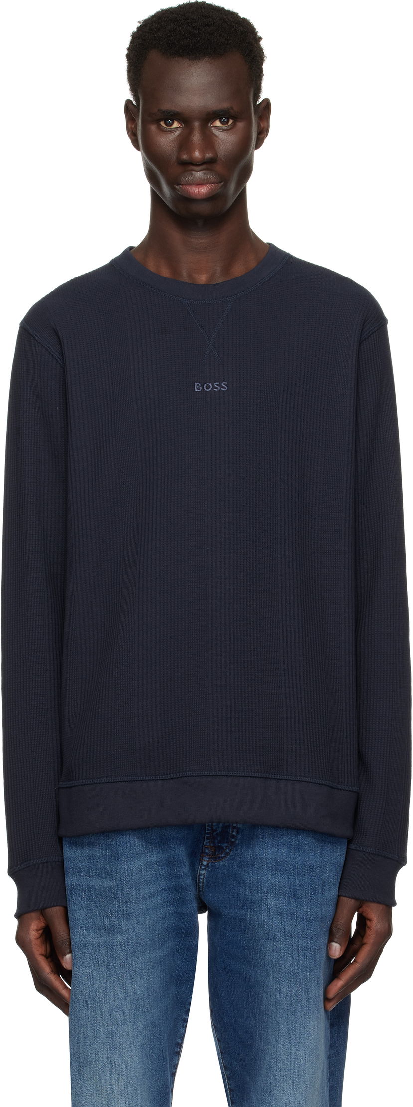 Sveter BOSS BOSS Waffle-Knit Sweatshirt Navy | 50535863