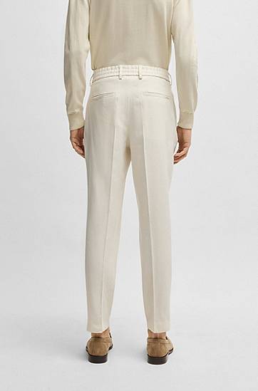 Nohavice BOSS Tapered-Fit Linen-Blend Trousers Béžová | 50540733, 1