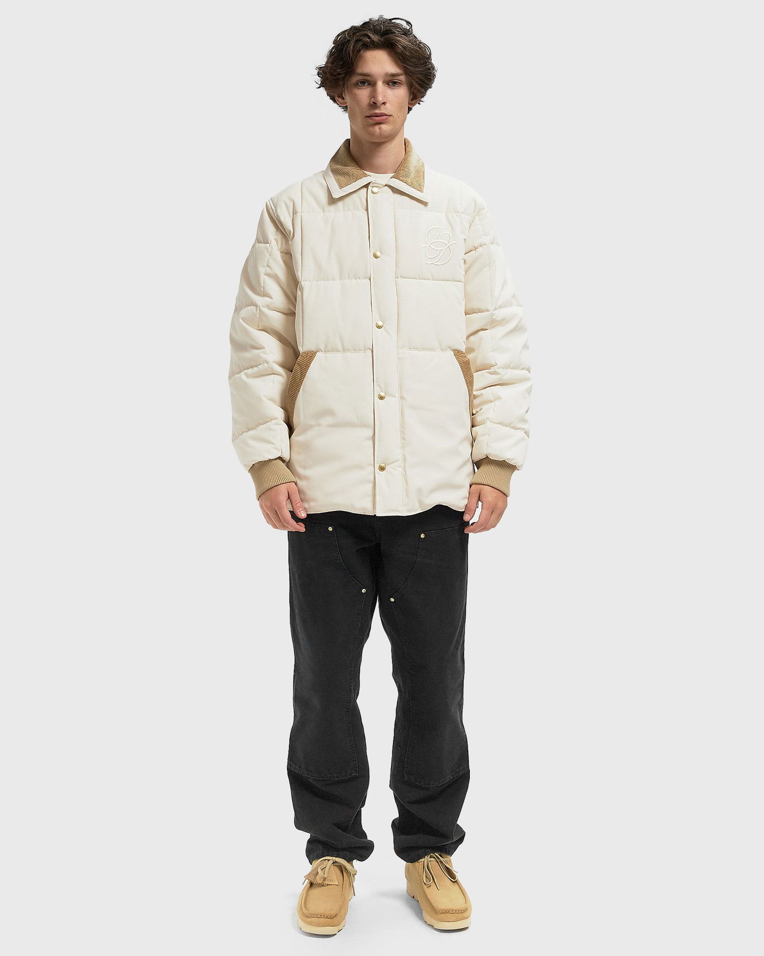 Prešívaná bunda Drôle de Monsieur Quilted Jacket with Embroidered Logo and Corduroy Collar Béžová | I-CT139-PL163-OW, 1