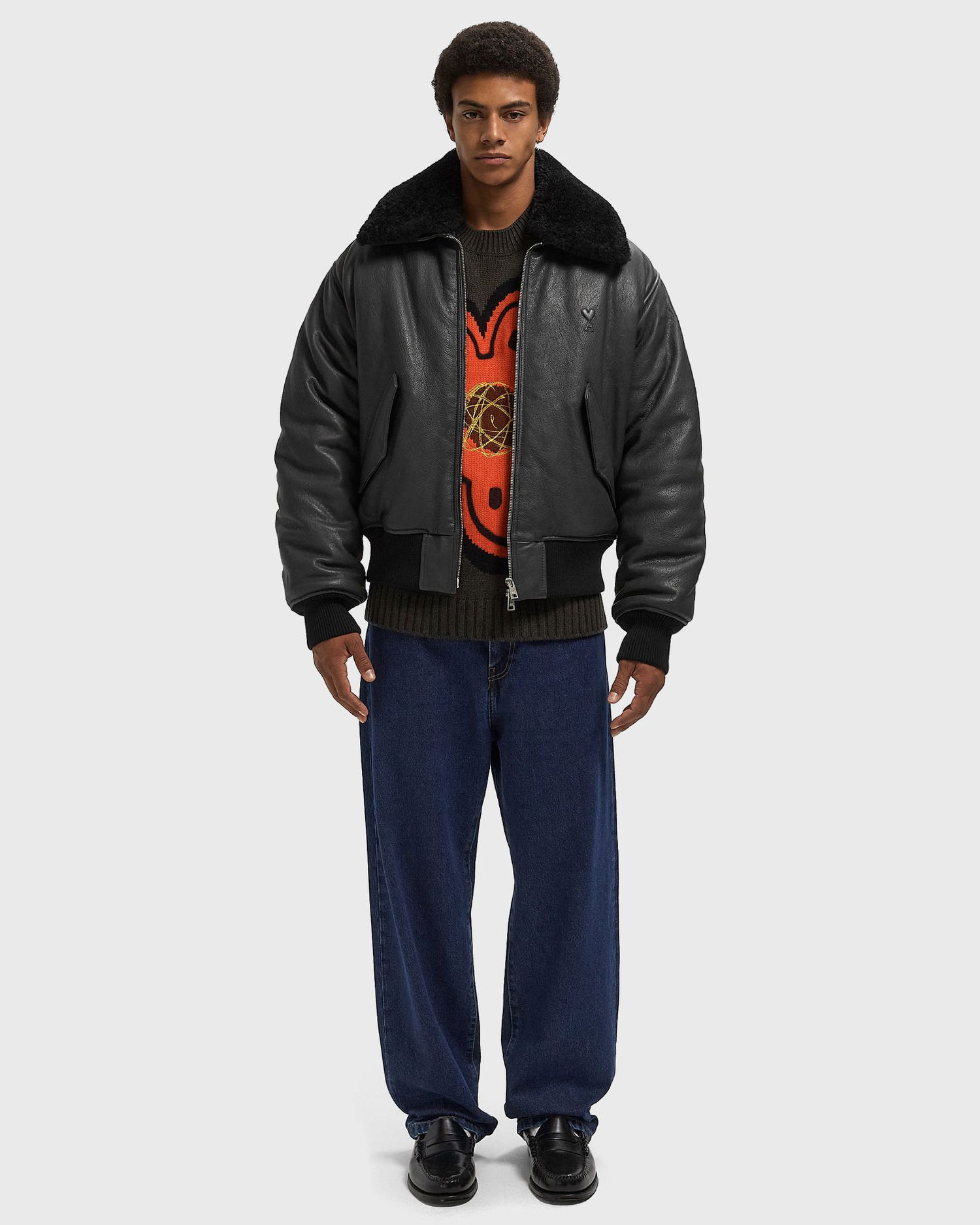 Bomber bunda AMI Leather Bomber Jacket with Shearling Collar Čierna | HJK857.LH0044-020, 1