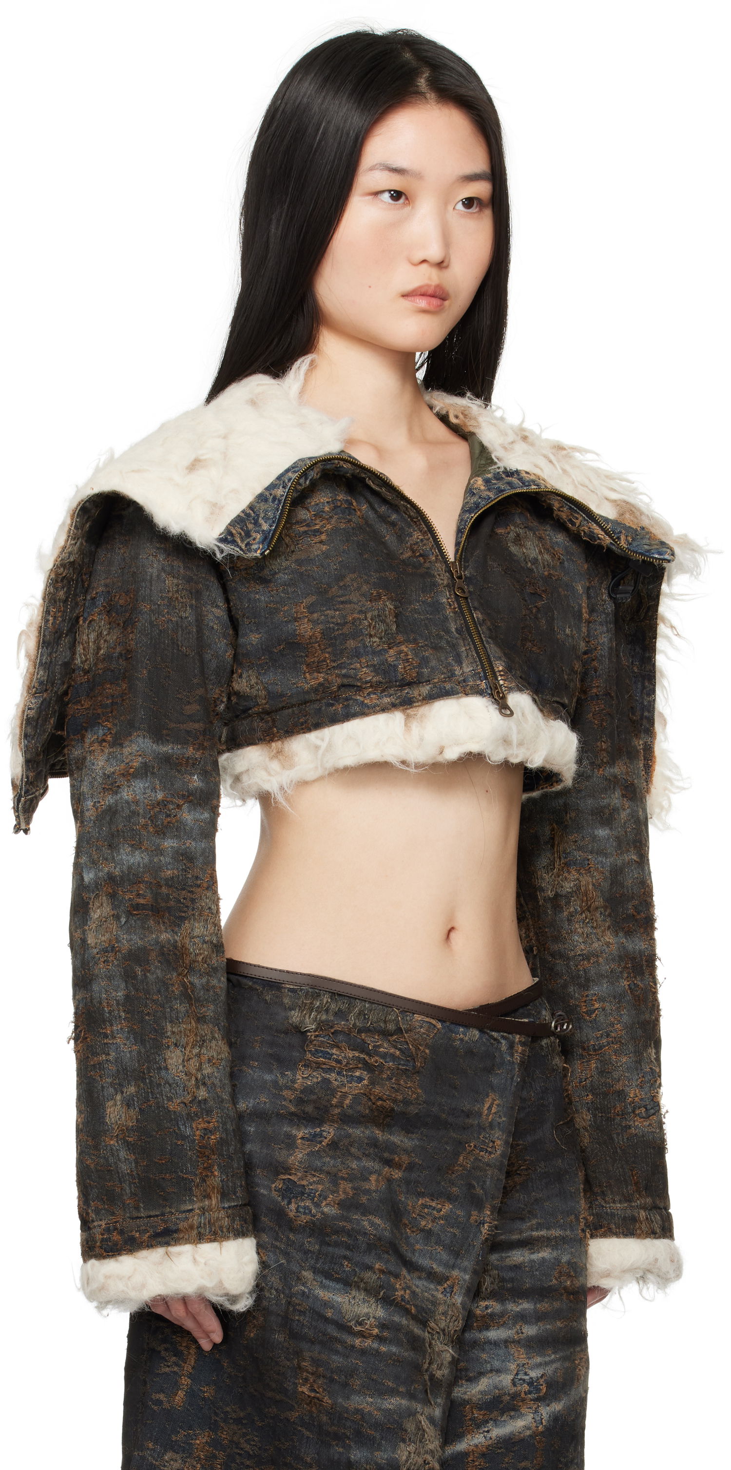 Bunda Diesel Cropped Distressed Denim Jacket with Faux Fur Čierna | A17128 0ABCW, 1