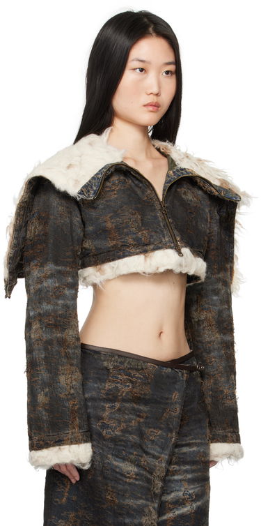 Bunda Diesel Cropped Distressed Denim Jacket with Faux Fur Čierna | A17128 0ABCW, 1