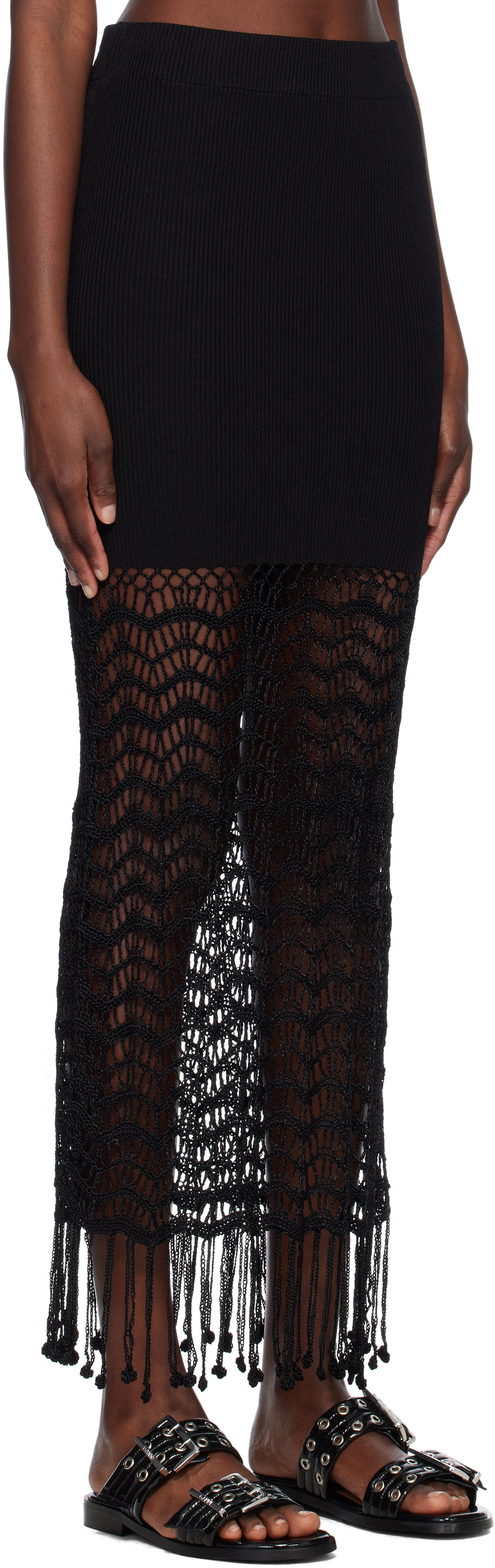 Sukňa GANNI GANNI Crochet Maxi Skirt with Fringe Čierna | K2435, 1