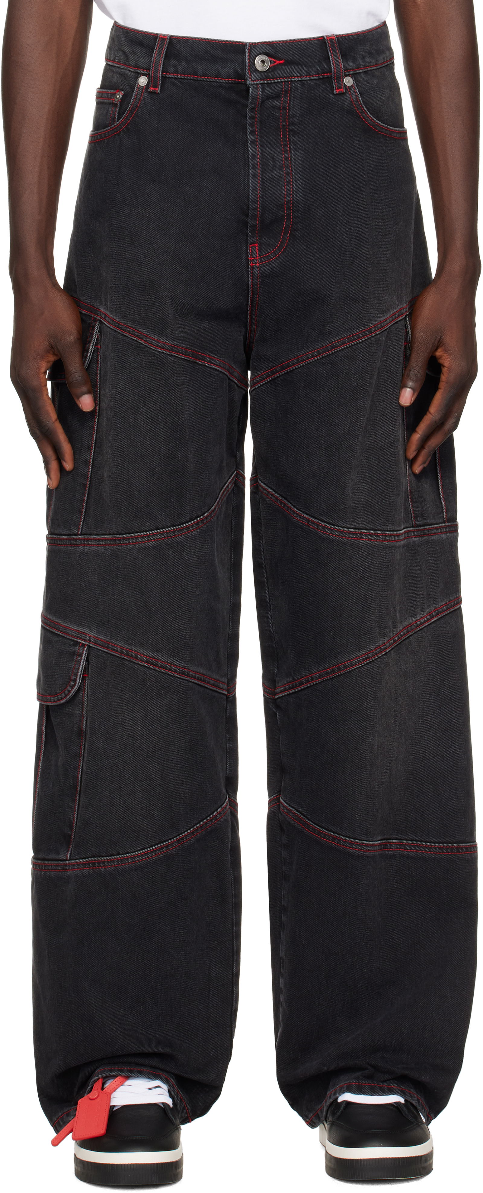 Black Straight Jeans With Red Stitching