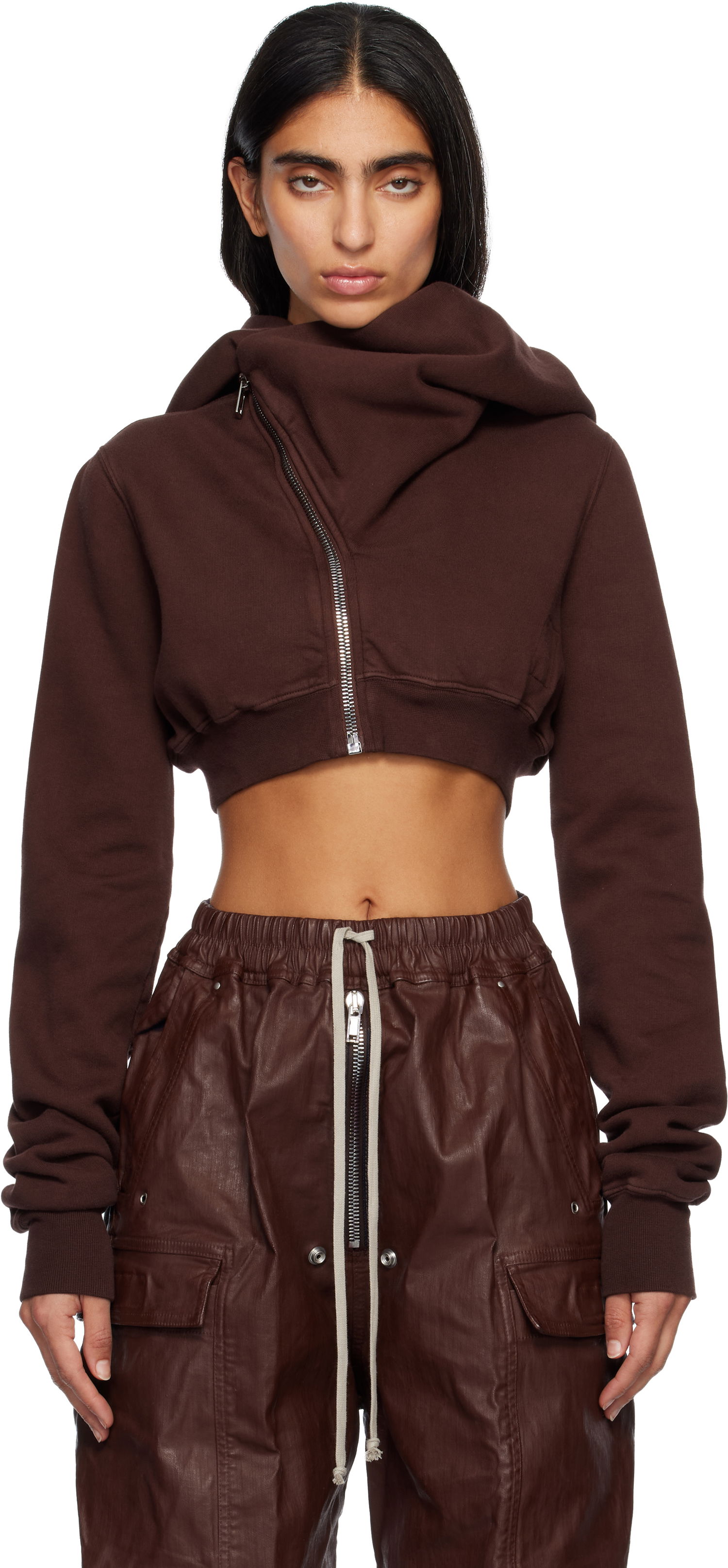 Mikina Rick Owens Concordians Micro Mountain Cropped Asymmetric Zip Hoodie Hnedá | DS02E7237 F, 0
