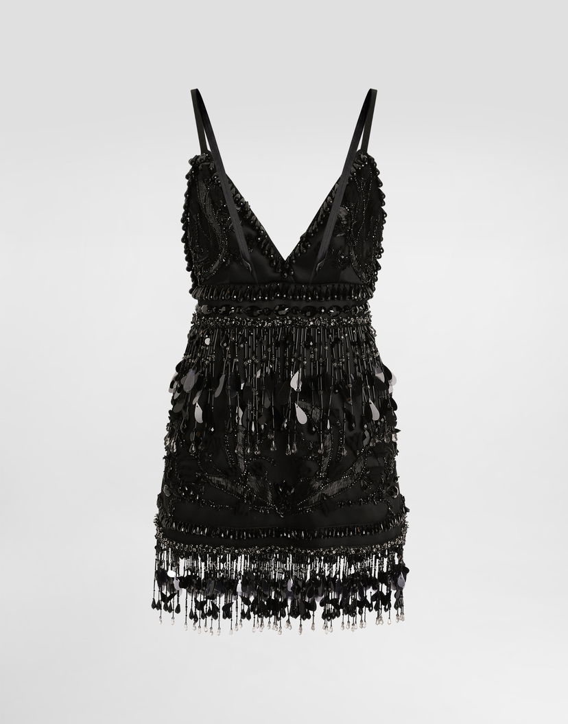 Šaty Dolce & Gabbana Dolce & Gabbana Embroidered Satin Mini Dress with Beaded Fringe Čierna | F60DKZGDDI8S8400