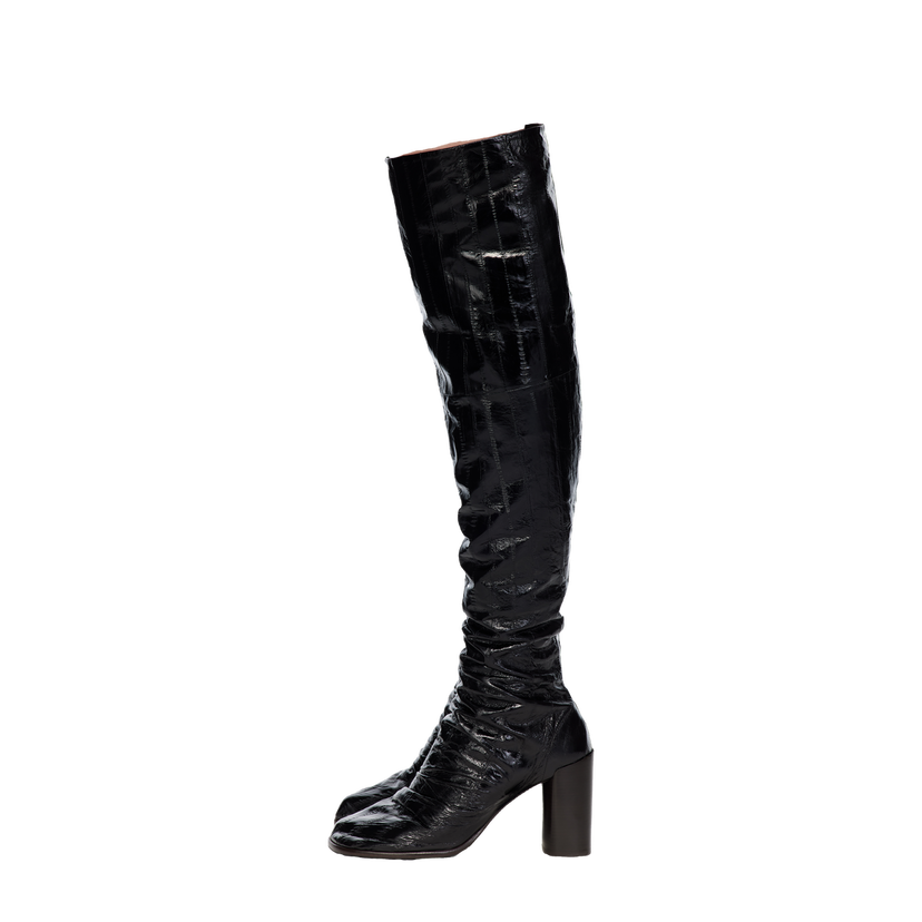 Tenisky a topánky LEMAIRE Glove 80 Crinkled Patent Over-the-Knee Block Heel Boots Čierna | FO0215 LL0156