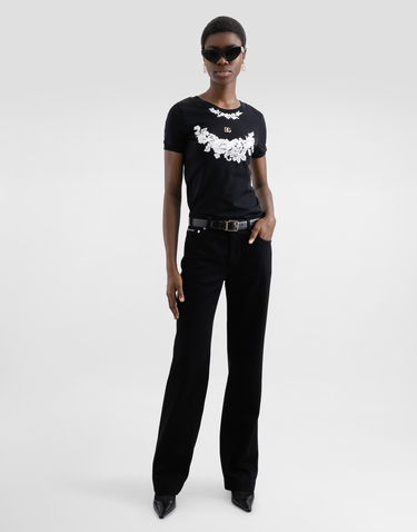 Tričko Dolce & Gabbana Dolce & Gabbana Jersey T-Shirt with Lace Details and DG Logo Čierna | F8N08TGDCTJN0000, 1
