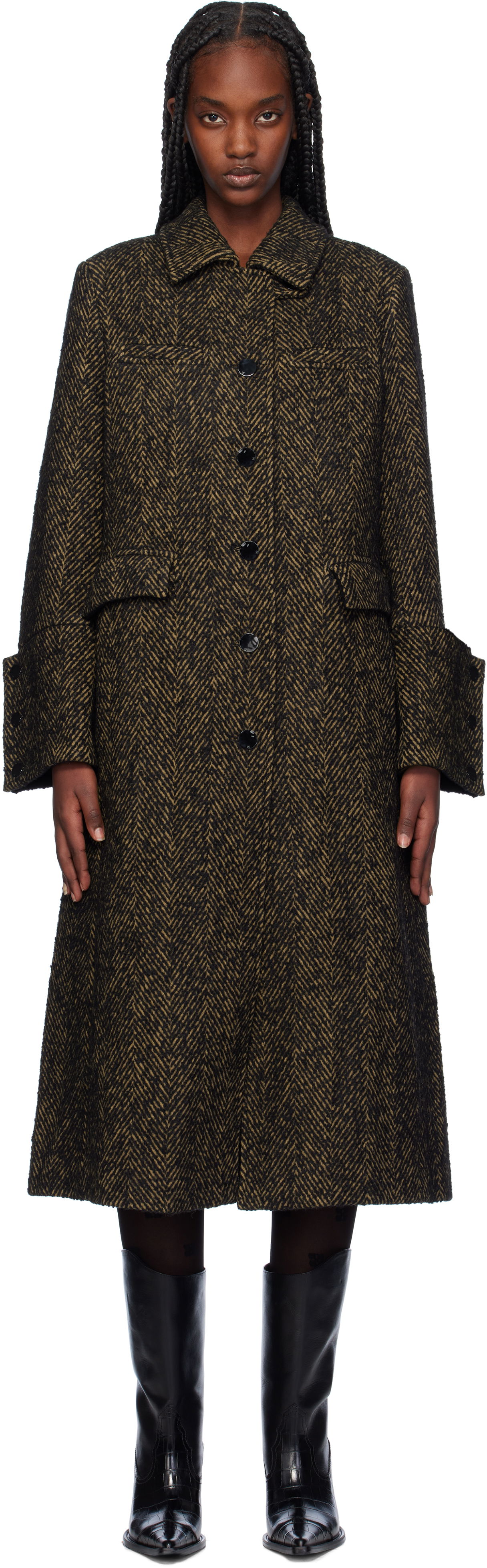 Kabáty GANNI Herringbone Wool Long Coat Hnedá | F9547, 0