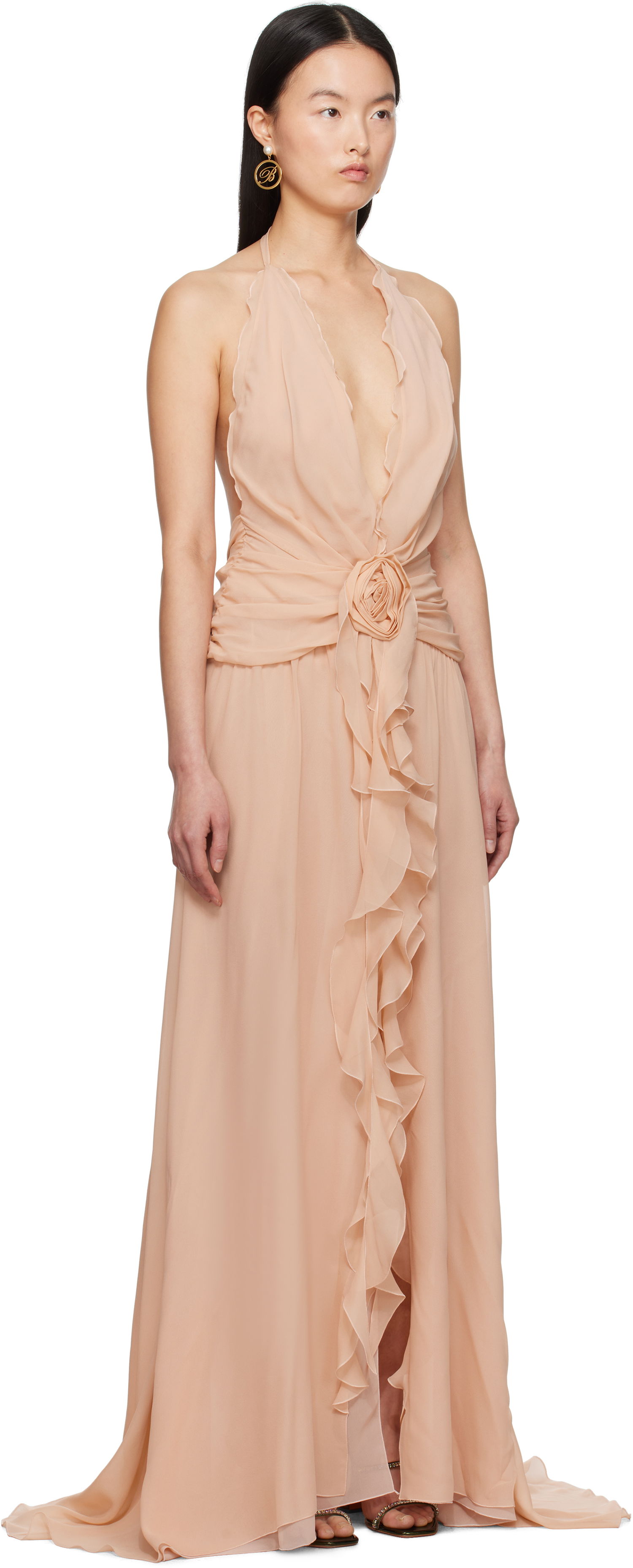 Šaty Blumarine Blumarine Georgette Maxi Dress with Ruffle Detail Béžová | P522A568A, 1