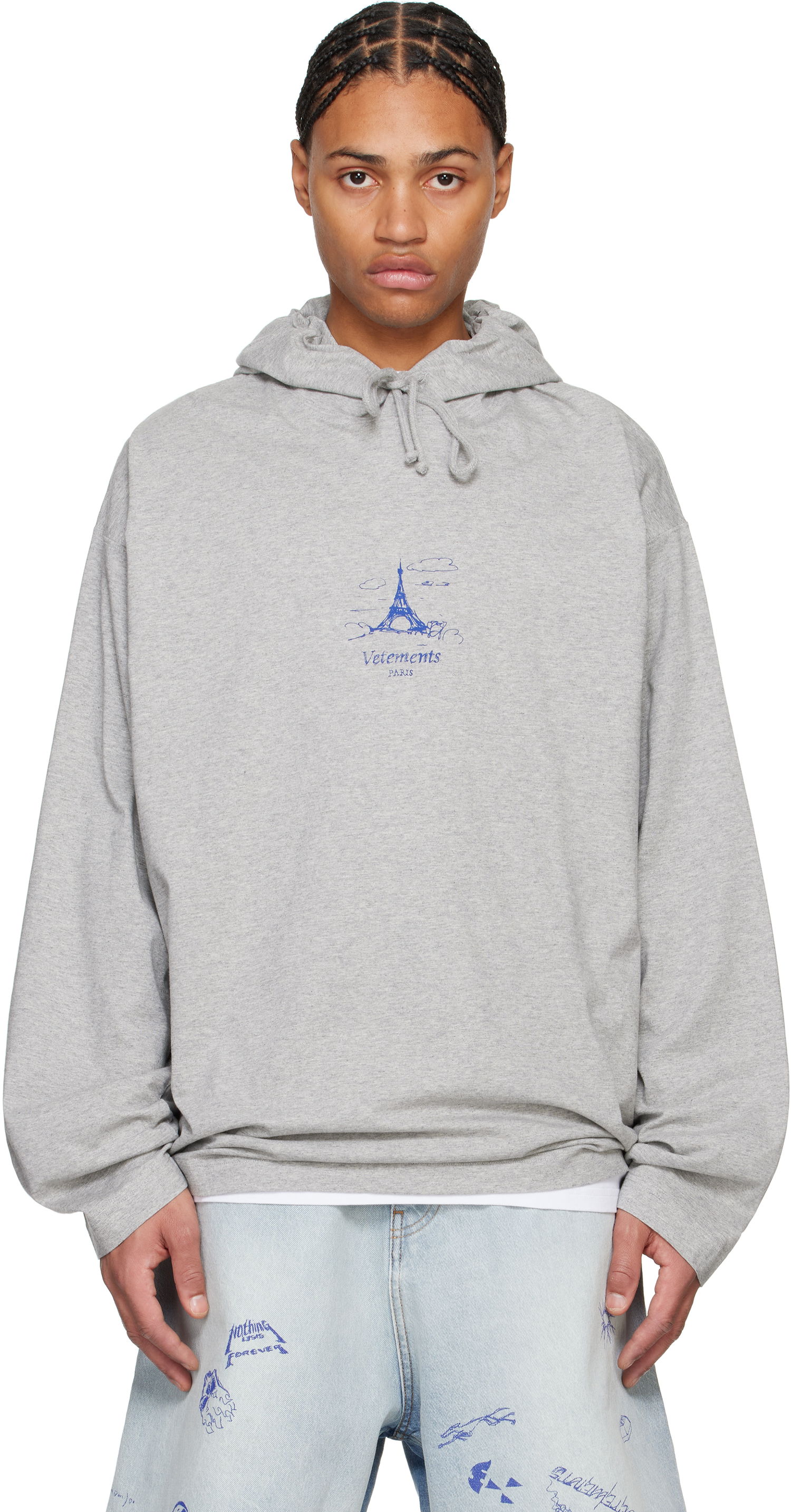 Mikina VETEMENTS Scribbled Paris Print Jersey Hoodie Šedá | UA66HD870G, 0
