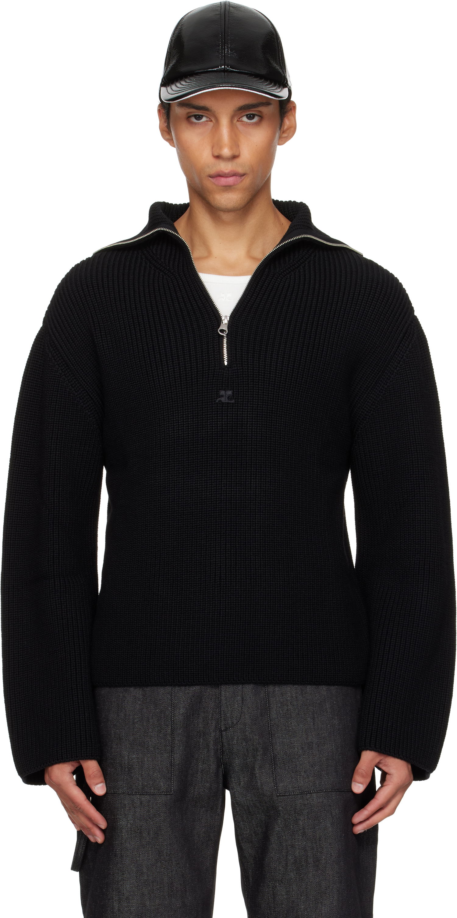Sveter Courrèges Courrèges Ribbed Wool Trucker Sweater Čierna | 325MPU243FI0036, 0