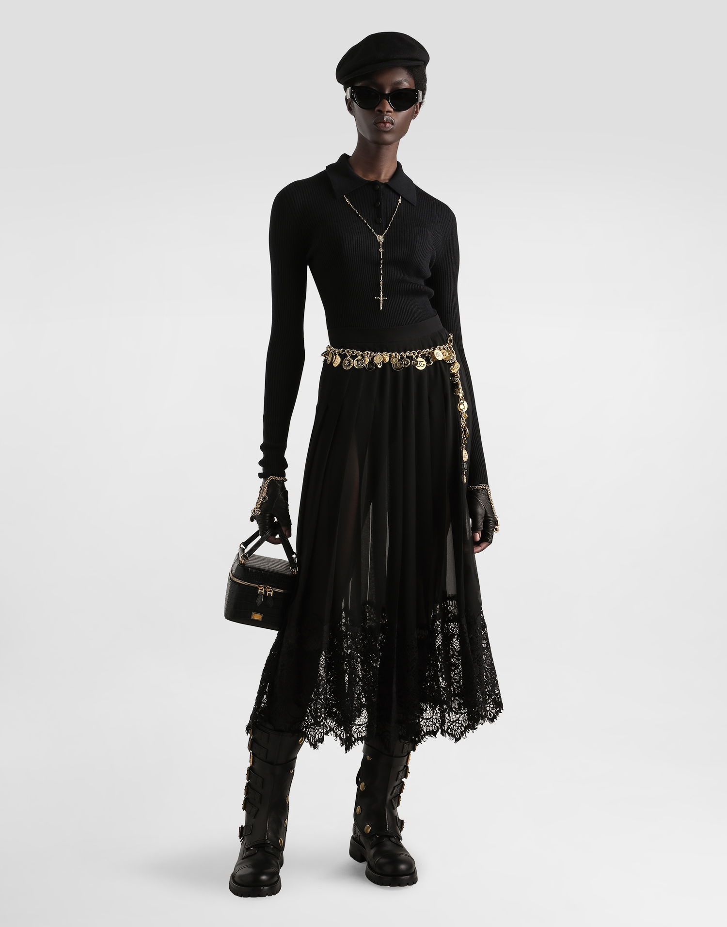 Sukňa Dolce & Gabbana Dolce & Gabbana Pleated Chiffon Midi Skirt with Lace Trim Čierna | F4C6ATFUSNWN0000, 1