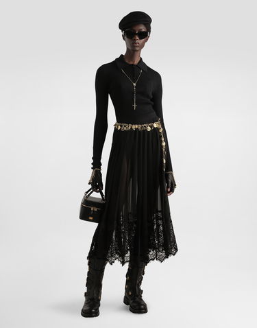 Sukňa Dolce & Gabbana Dolce & Gabbana Pleated Chiffon Midi Skirt with Lace Trim Čierna | F4C6ATFUSNWN0000, 1
