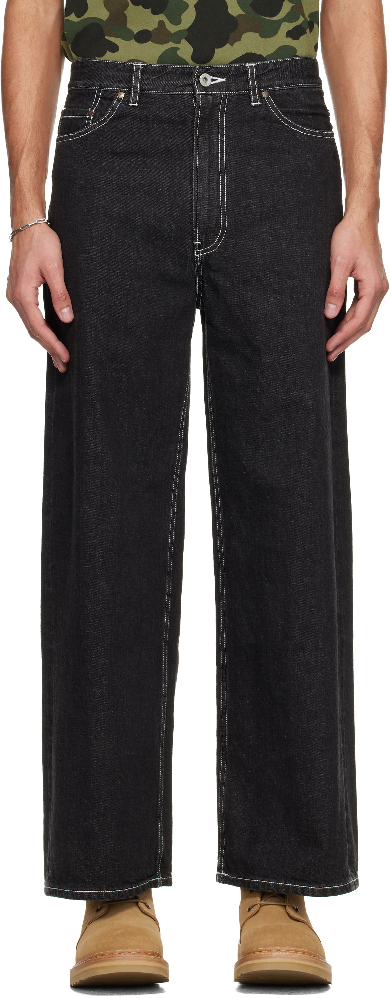 Džínsy BAPE Champion Logo 12 oz Wide-Leg Jeans with Contrast Stitching Čierna | 001DPL802002L, 0