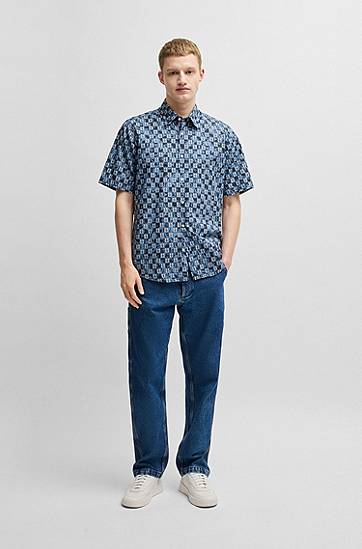 Košeľa BOSS Regular Fit Printed Cotton Poplin Shirt Modrá | 50537372, 1