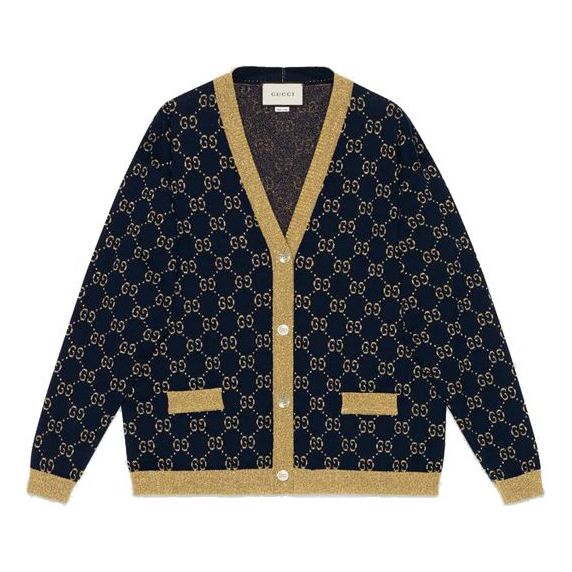 Sveter Gucci V-Neck Cardigan with Metallic Pattern Modrá | 529193-X9W83-4921