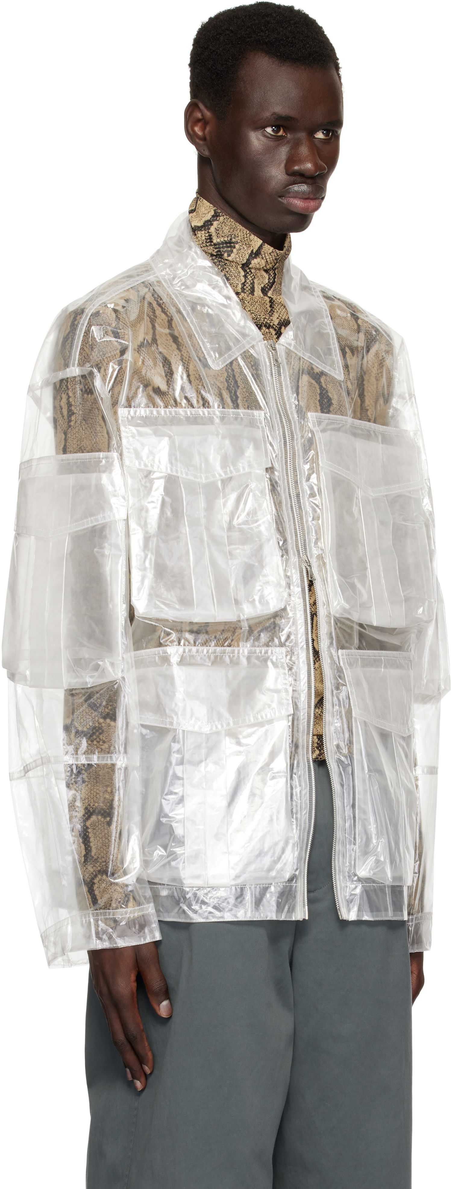 Kabáty Dries Van Noten Dries Van Noten Transparent Nylon Patch Pocket Jacket Biela | 251-020529-1257, 1