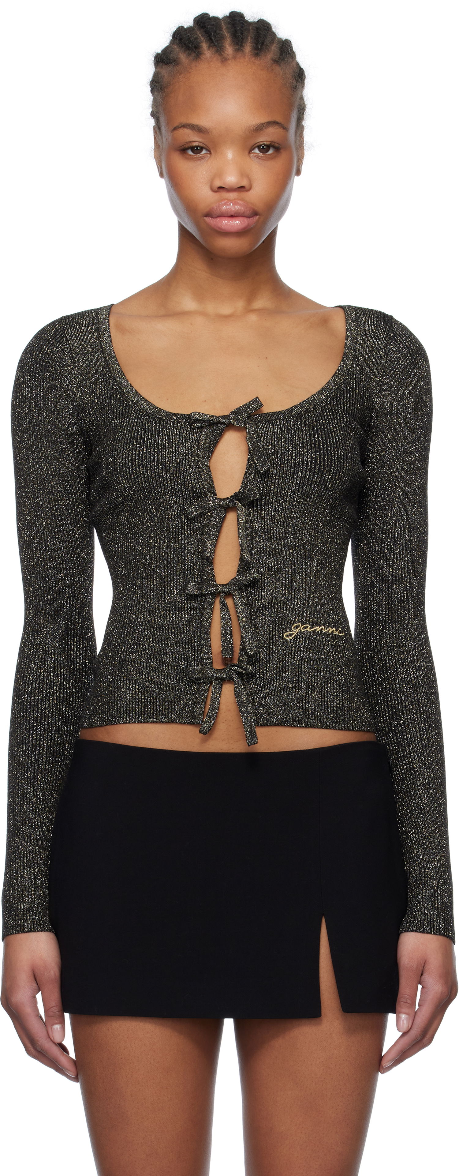 Sveter GANNI GANNI Sparkle Tie String Cardigan Čierna | K2358, 0