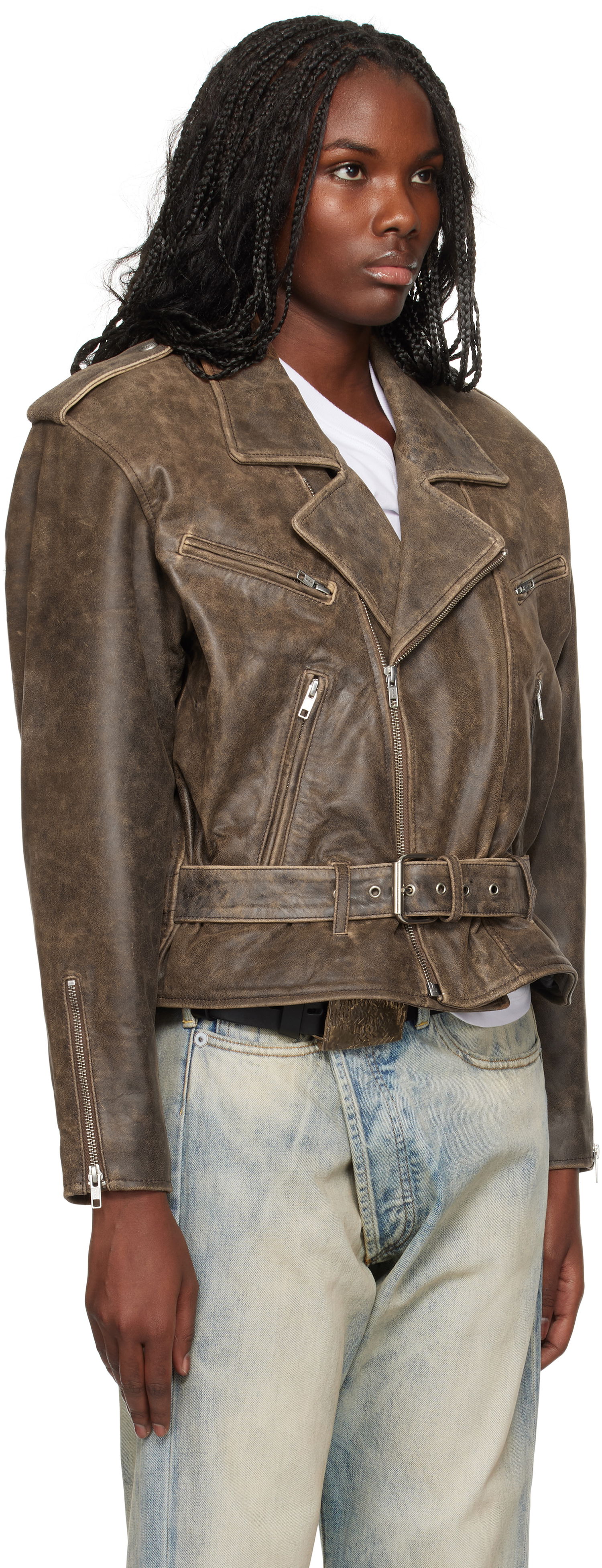 Bunda R13 R13 Exaggerated Shoulder Leather Motorcycle Jacket Hnedá | R13WR323-R434A, 1